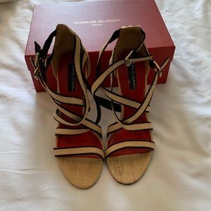 Charles Jourdan raffia strapping heel sandals